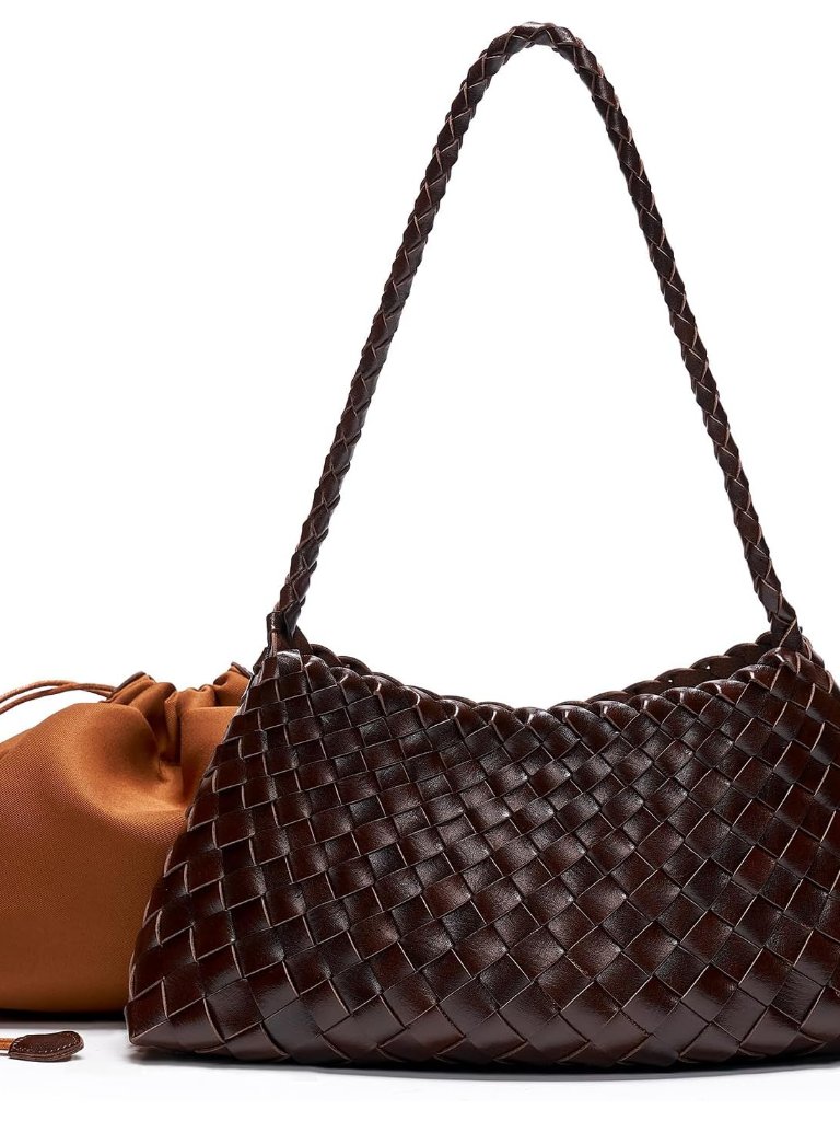 Woven Bag For Women, Vegan Leather Shoulder Purse With Inner Drawstring Pouch, T